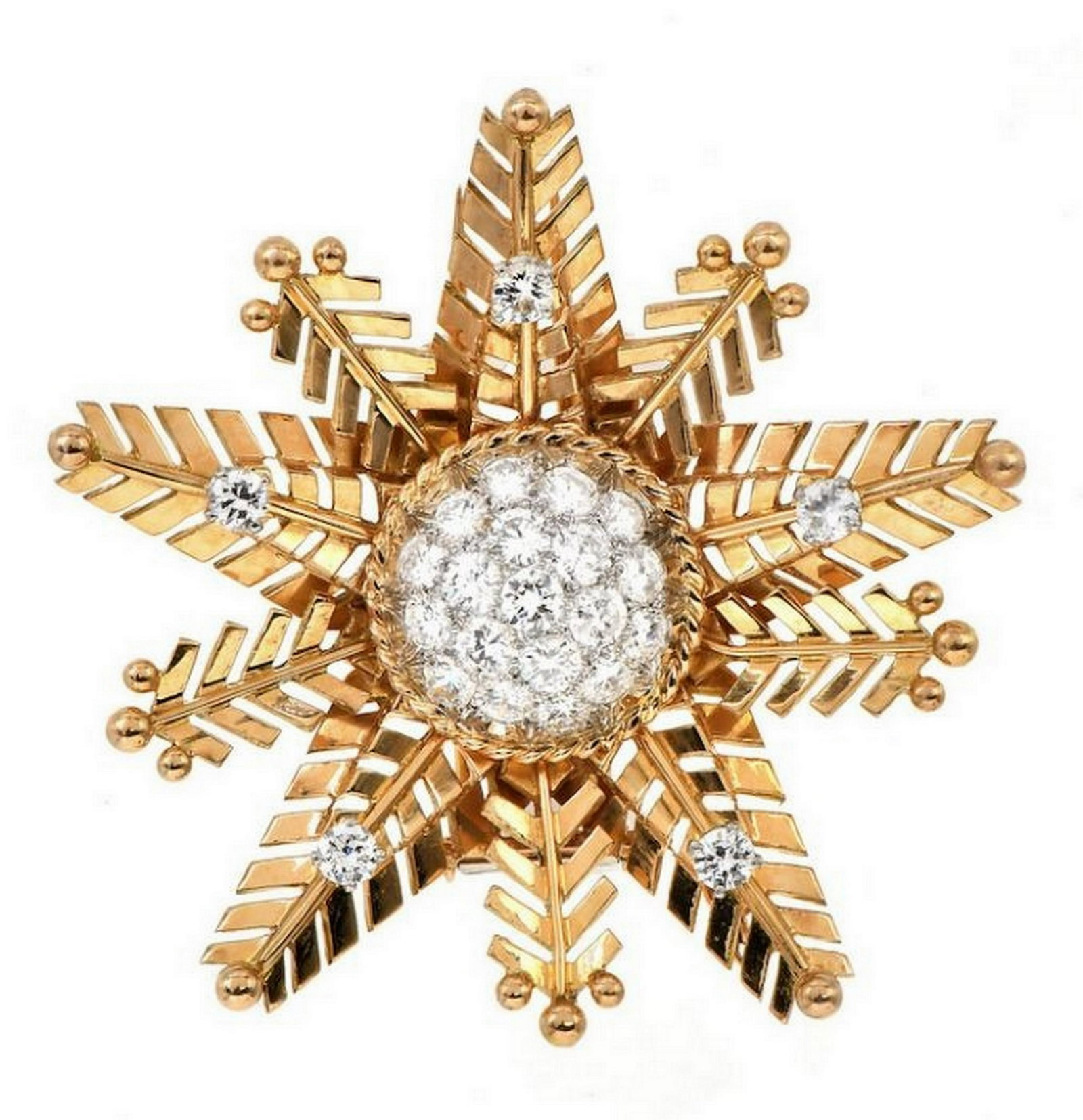 Vintage French Snowflake 18K Rose Gold Diamond Cluster Pin: This exquisite Vintage High Quality made Diamond Snowfleks Brooch pin is made of solid 18K Rose gold. This stunning 1960's pin is set with round-cut diamonds weighing approximately 2.20 carats, F-G co