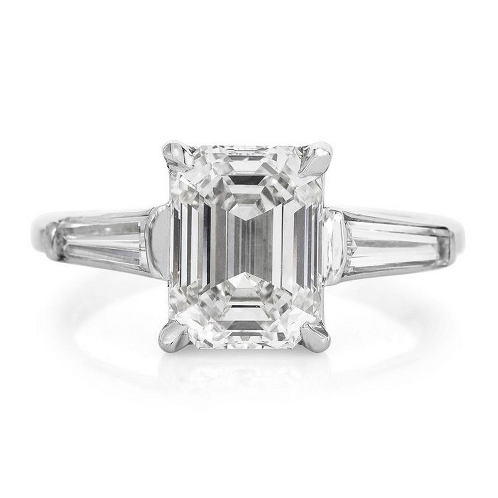 3.41CTS GIA EMERALD-CUT DIAMOND BAGUETTE PLATINUM ENGAGEMENT RING: This beautiful classic diamond engagement ring is crafted in solid platinum. 3.06, J color, VS1 clarity, GIA Graded, prong set. The center stone is accented with 2 genuine baguette-cut diamonds approx