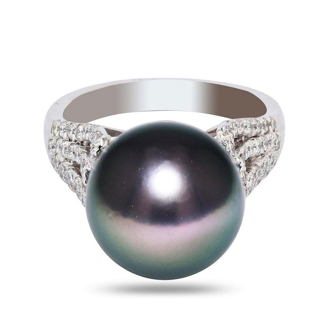13mm Tahitian Pearl and 0.66ctw Diamond Platinum Ring: One polished, stamped, and tested platinum ring with a bright finish. The ring is mounted with: 1 genuine cultured Tahitian Pearl, and 60 genuine round diamonds weighing approximately 0.66 carats. Thi