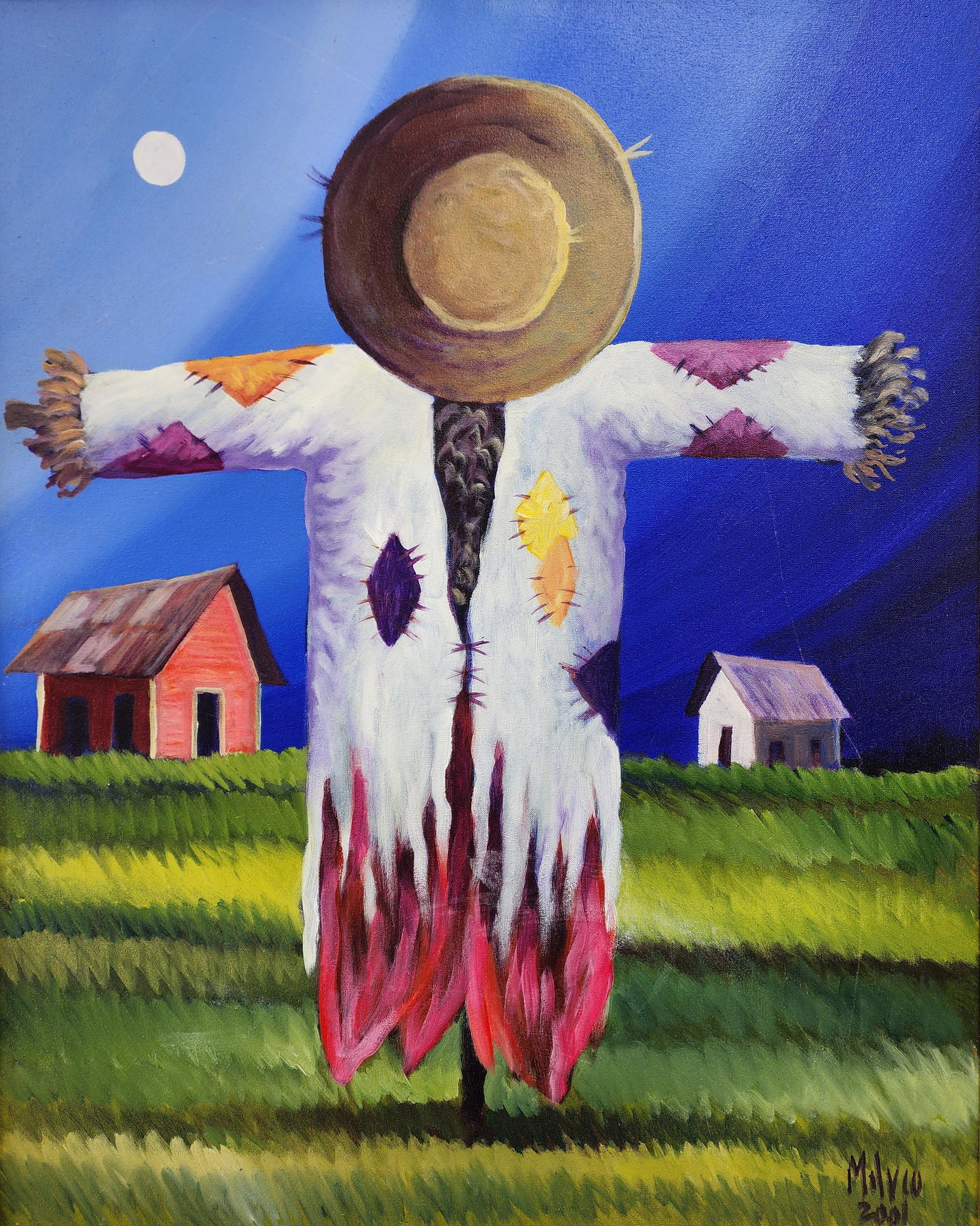 Molvio Scarecrow Haitian Art oil on canvas: 30" x 24" excellent condition