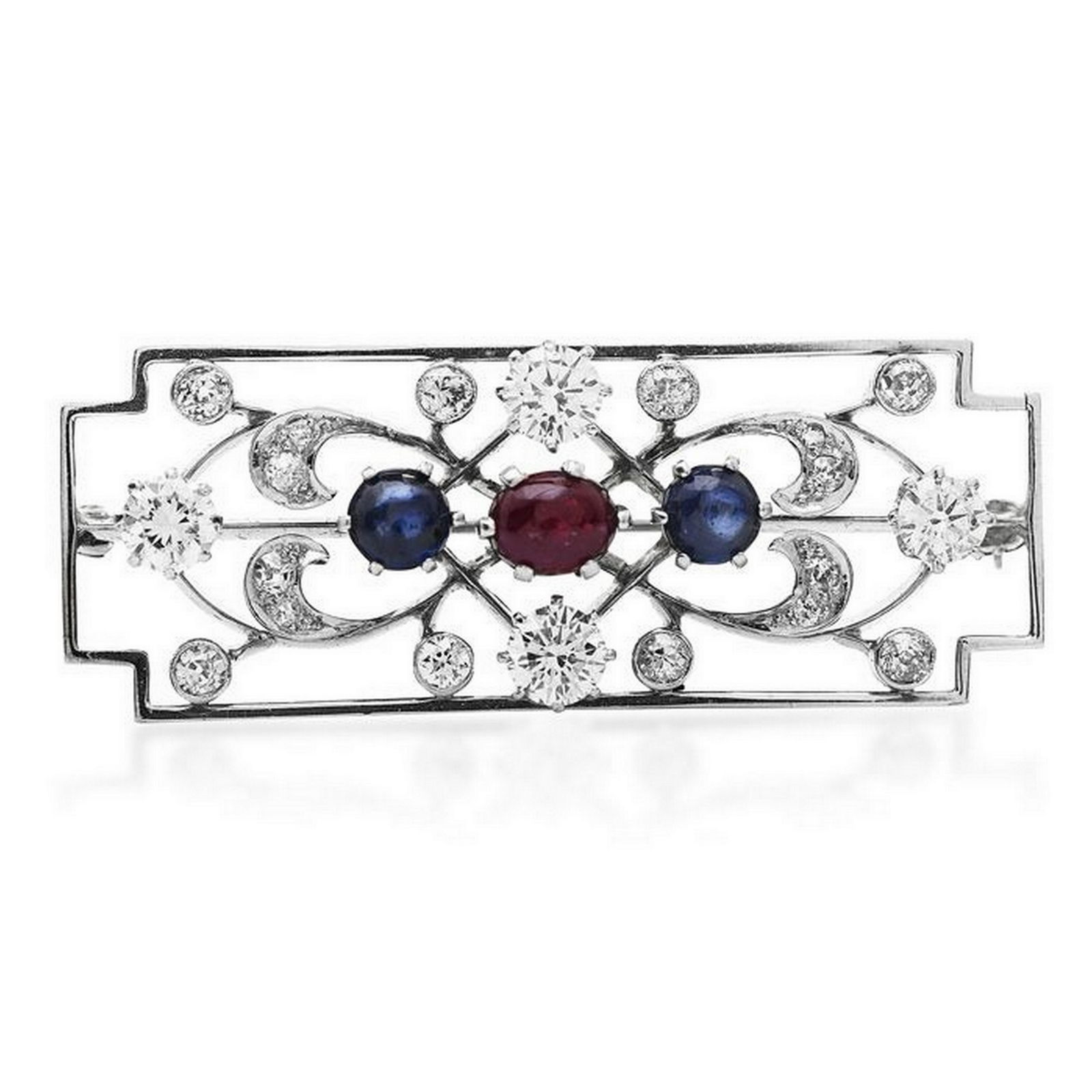 Vintage 4.35cts Diamond Cabochon Ruby Sapphire Platinum Floral Brooch Pin (1 of 3)