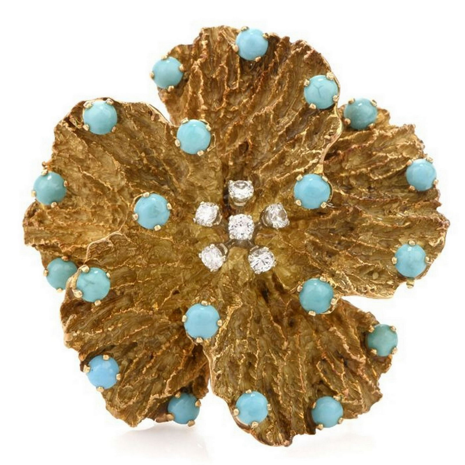 Vintage Pansy Diamond Turquoise 18K Brooch Pin (1 of 4)
