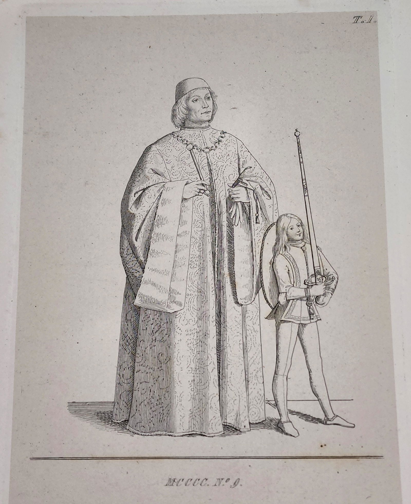 Medieval Man with Page antique engraving (1 of 1)