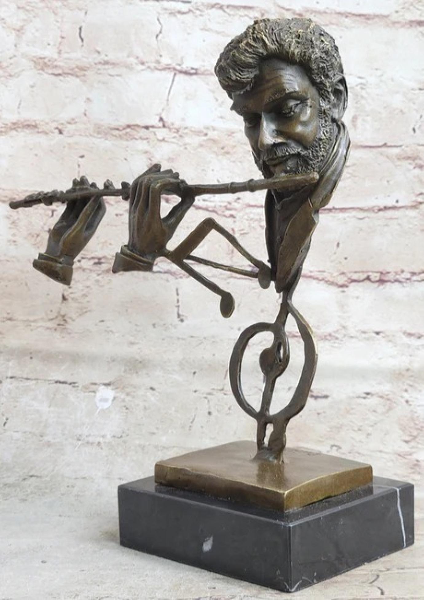 Abstract Bronze Metal Bust of Flute Flautist Flutist Musician Signed Art on Marble Base (1 of 5)