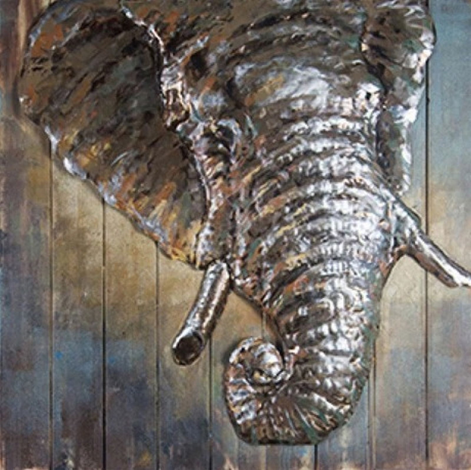 Elephant Head Bust Metal on Wood Canvas 3D Wall Art Mixed Media 31" x 31" (1 of 1)