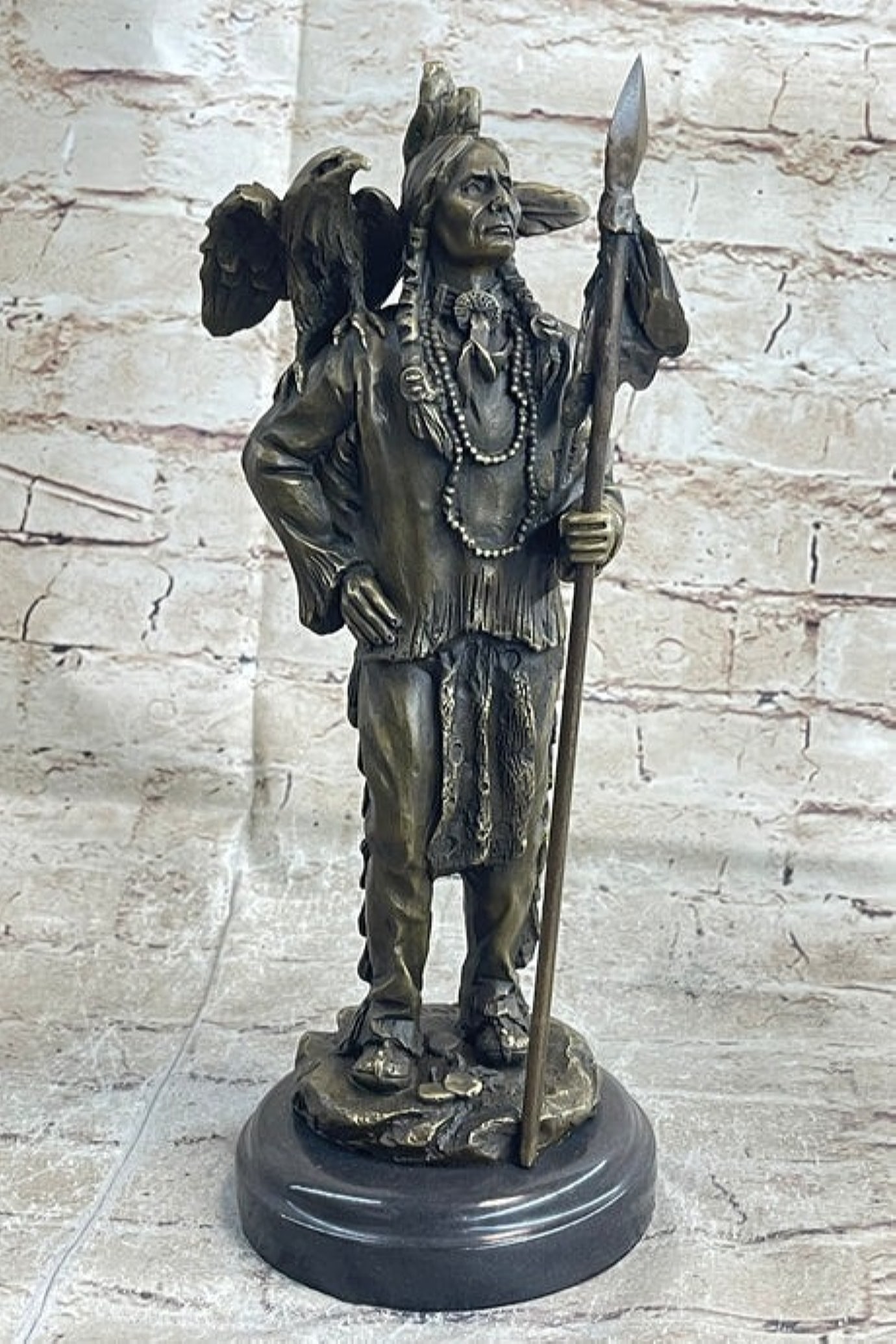 Native American Warrior and Eagle Sculpture Signed Original M. Lopez Bronze (1 of 5)