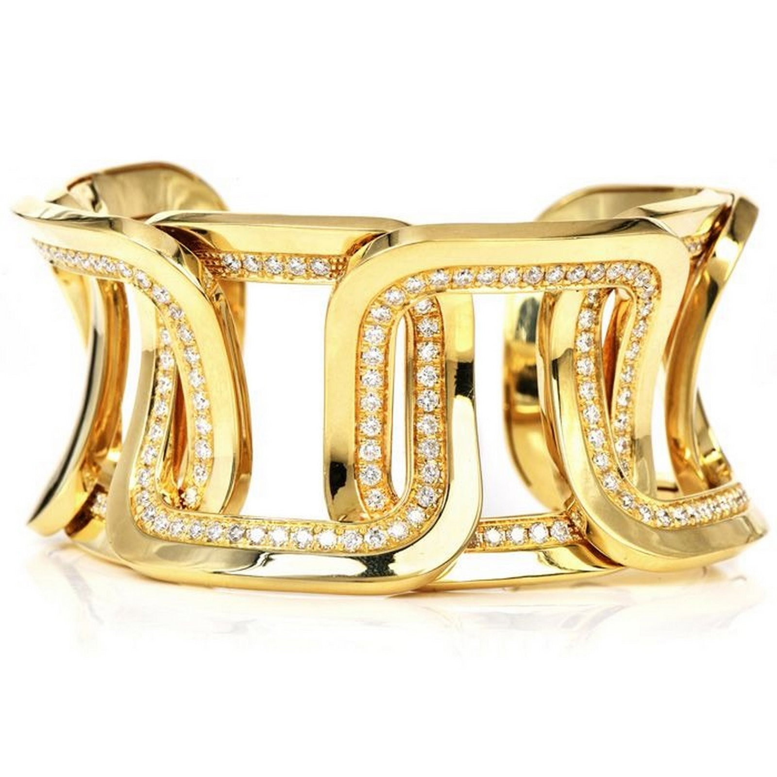 CHIMENTO High Polish 4.50cts Diamond 18k Gold Wide Cuff Bangle Bracelet: This 1990s high polish 18k Cuff yellow gold Bangle bracelet set with a substantial amount of diamonds and excellent quality. It is filled with appro 160 round pave-set brilliant-cut natural diamonds t