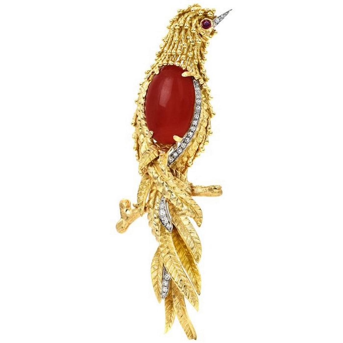Vintage Diamond Red Coral Ruby 18K Yellow Gold Quetzal Bird Brooch Pin (1 of 3)