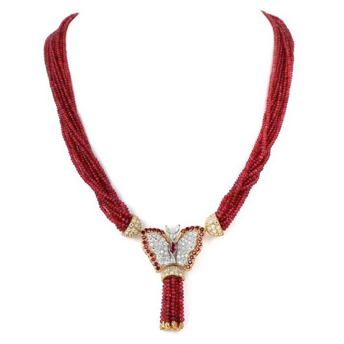 Vintage Ruby Diamond 18K Gold Butterfly Brooch Beaded Strand Necklace (1 of 4)
