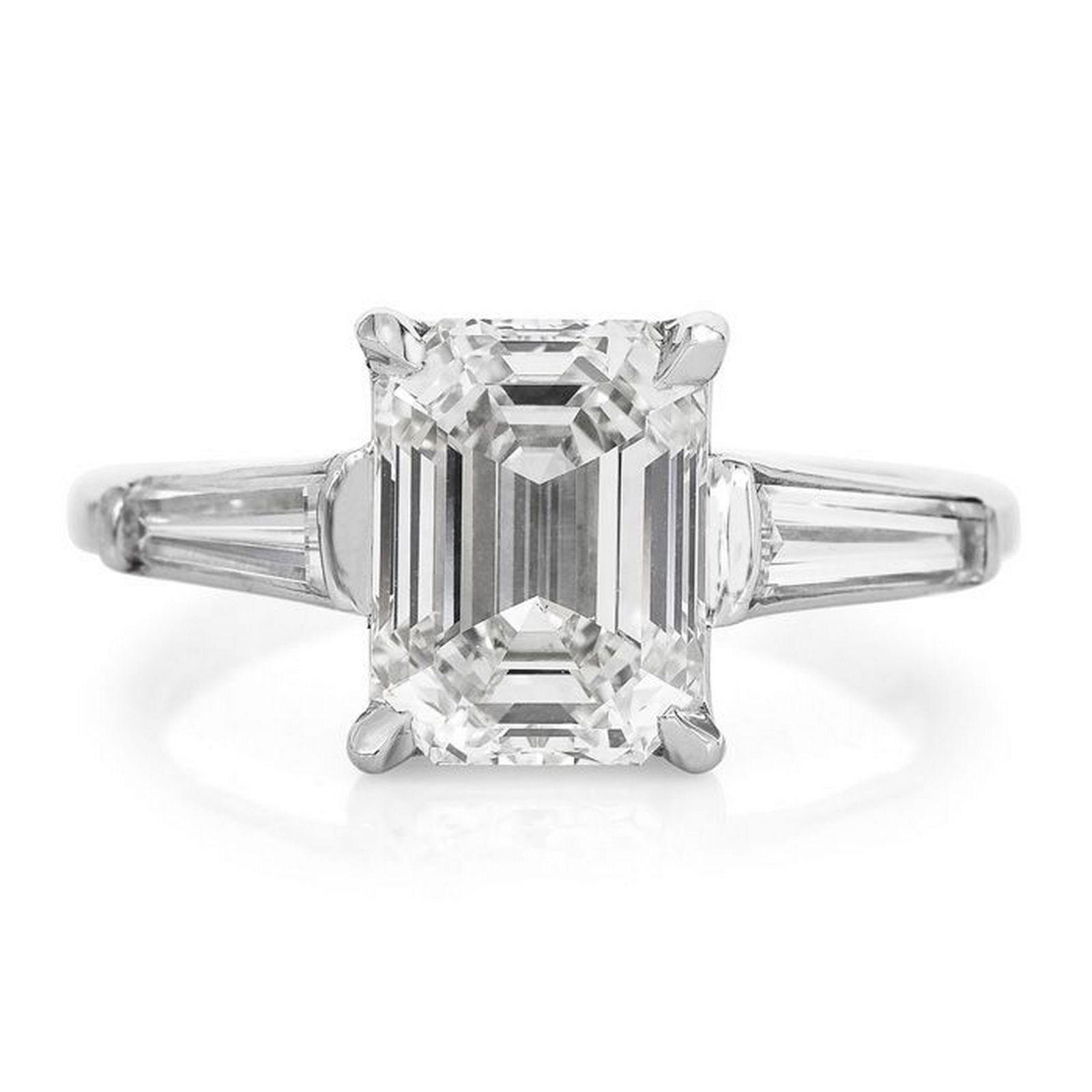 3.41CTS GIA EMERALD-CUT DIAMOND BAGUETTE PLATINUM ENGAGEMENT RING: This beautiful classic diamond engagement ring is crafted in solid platinum. 3.06, J color, VS1 clarity, GIA Graded, prong set. The center stone is accented with 2 genuine baguette-cut diamonds approx