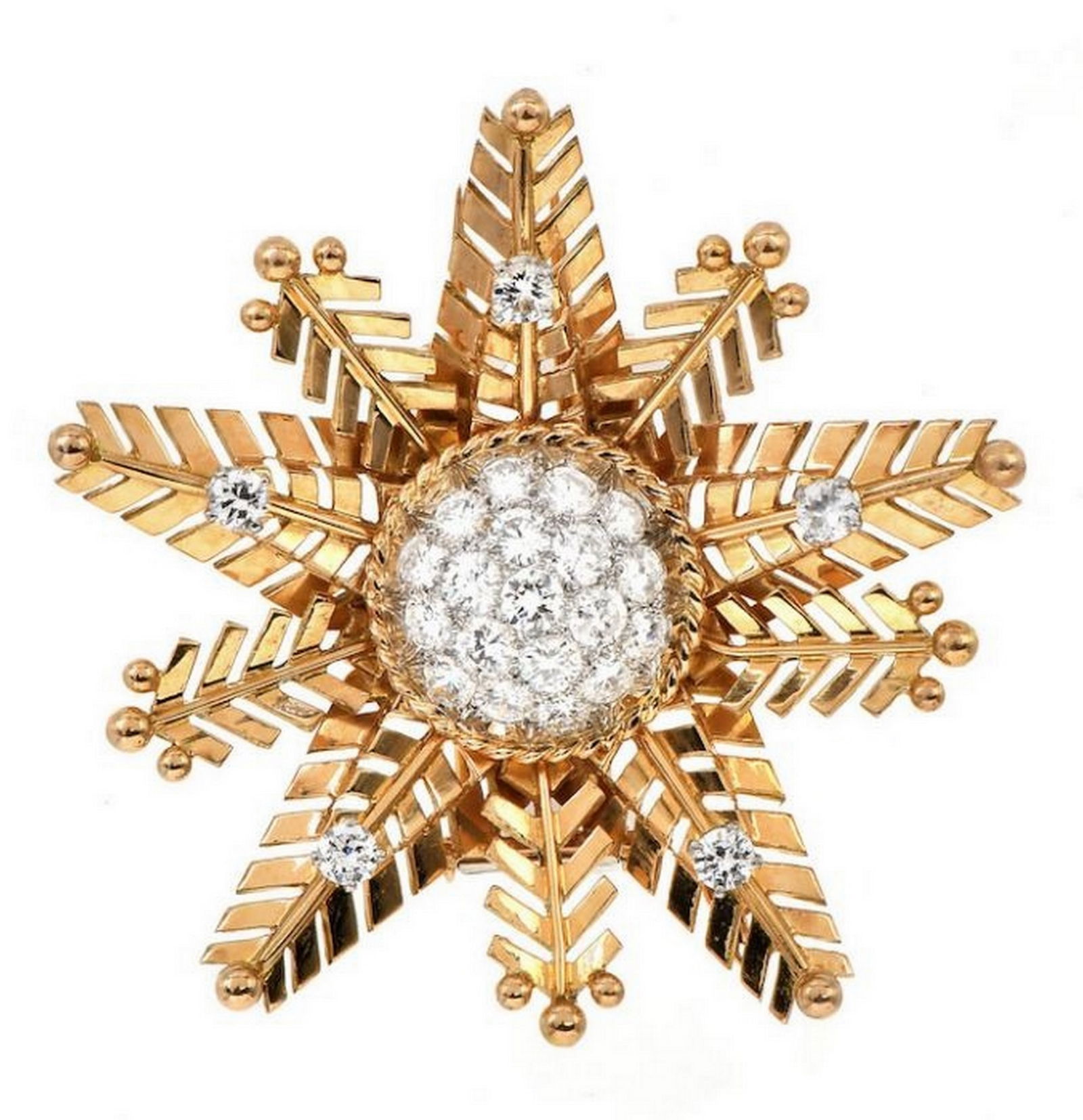 Vintage French Snowflake 18K Rose Gold Diamond Cluster Pin: This exquisite Vintage High Quality made Diamond Snowfleks Brooch pin is made of solid 18K Rose gold. This stunning 1960's pin is set with round-cut diamonds weighing approximately 2.20 carats, F-G co