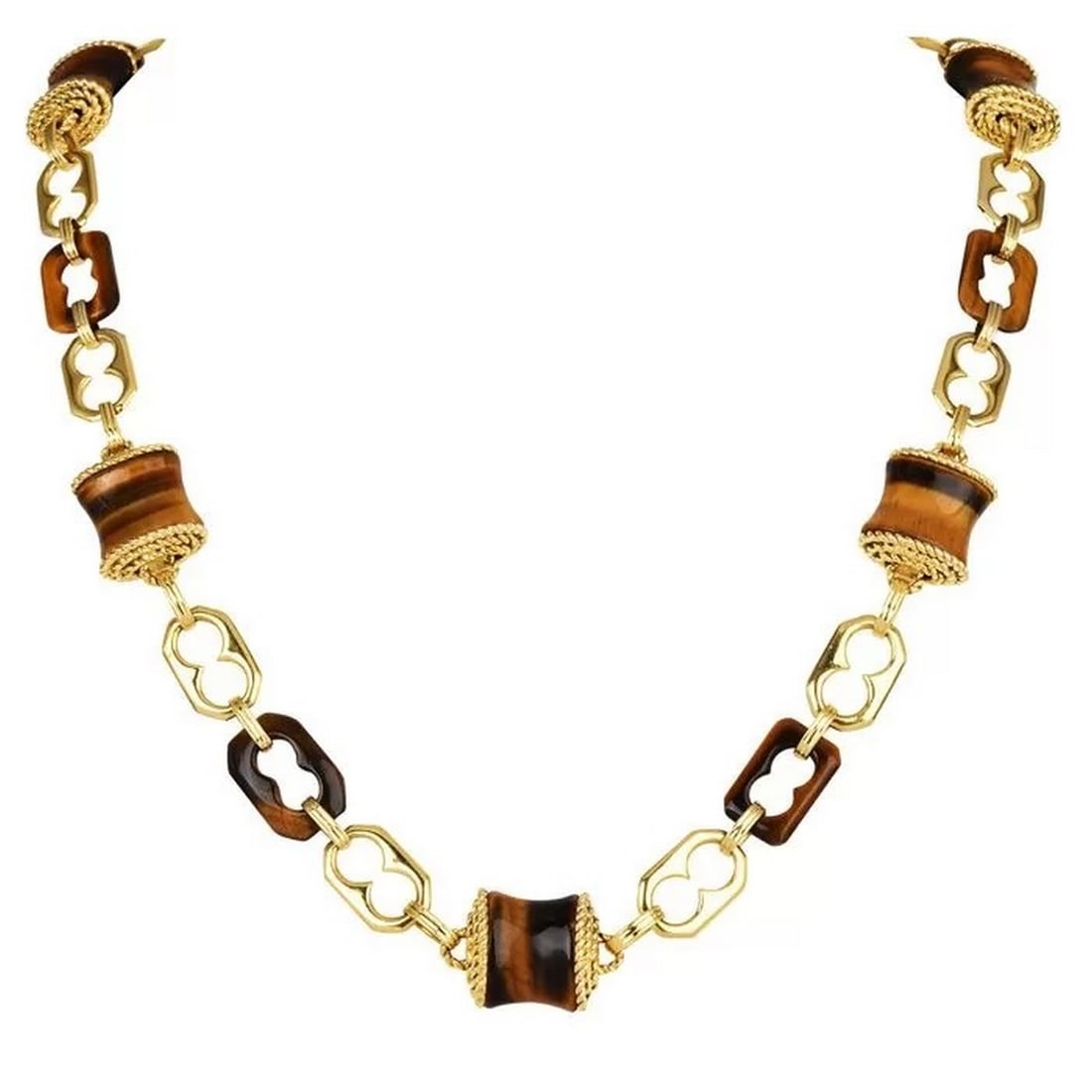 Vintage Tiger's Eye 18K Gold Barrel Link Long Necklace (1 of 4)