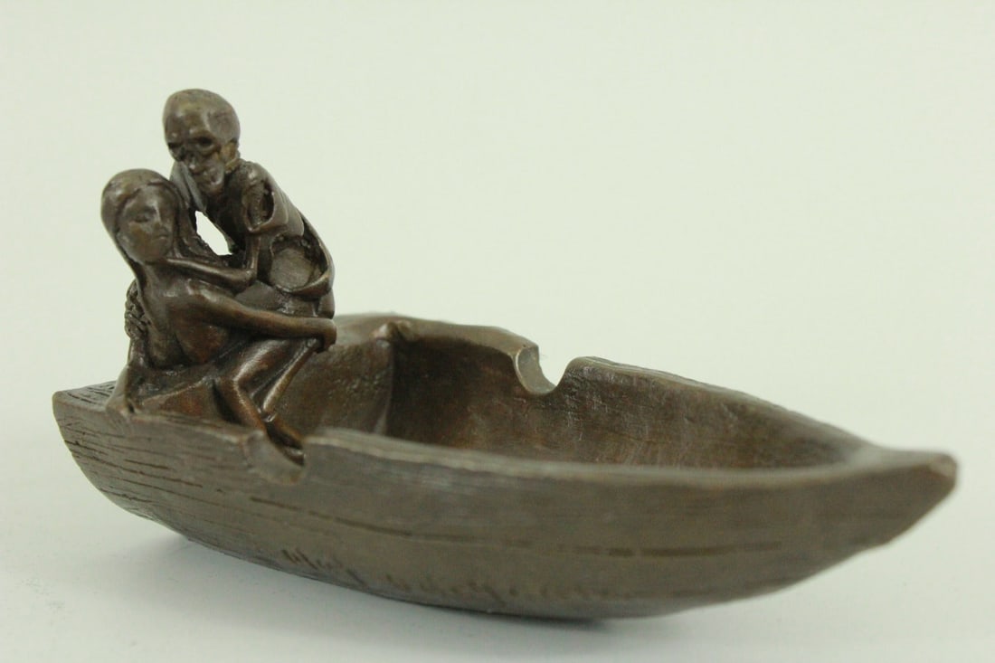 Museum Quality Skeleton with Nymph Ashtray Bronze Sculpture Statue (1 of 4)