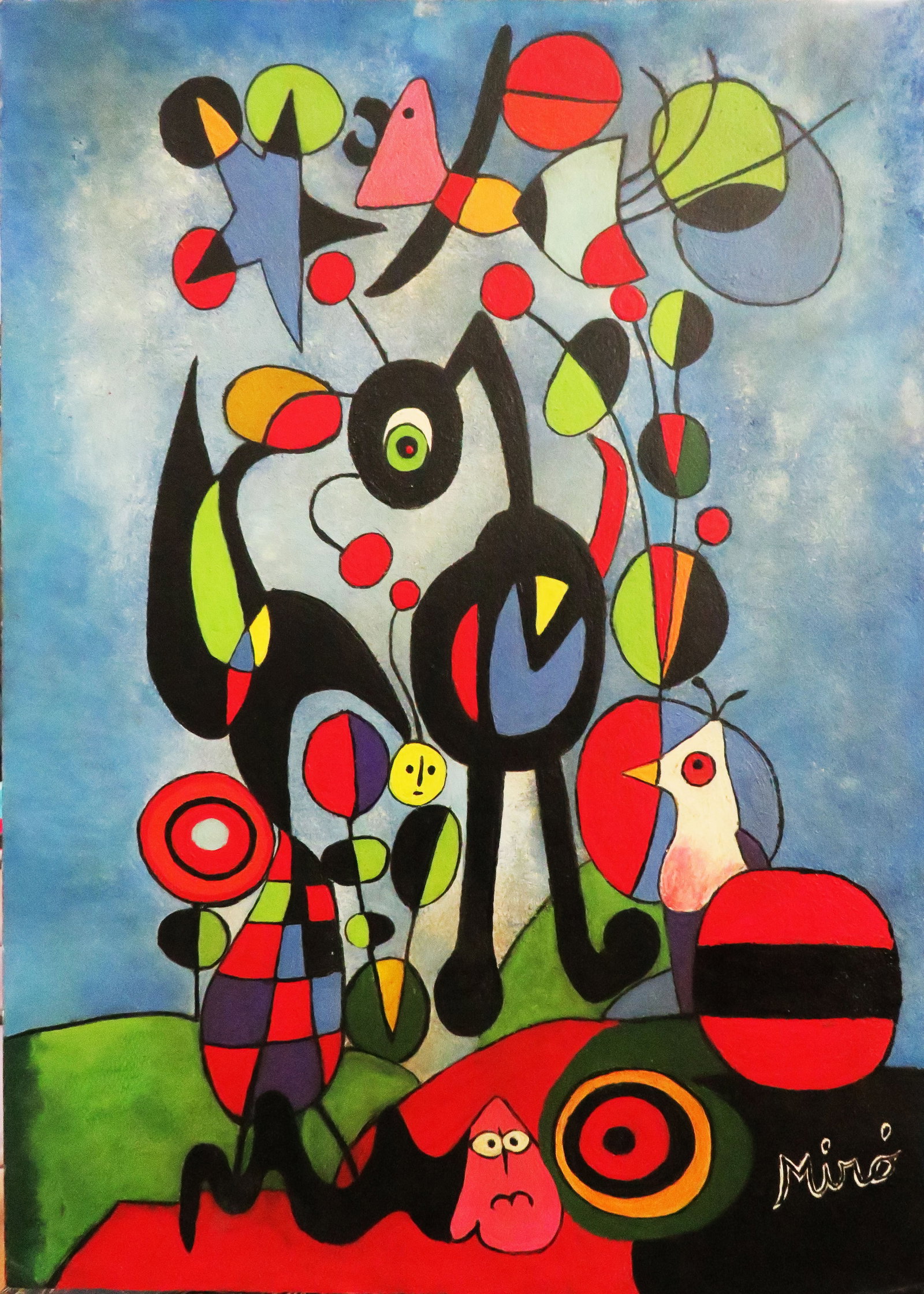 manner of JOAN MIRO: oil on board 19.75" x 13.75"