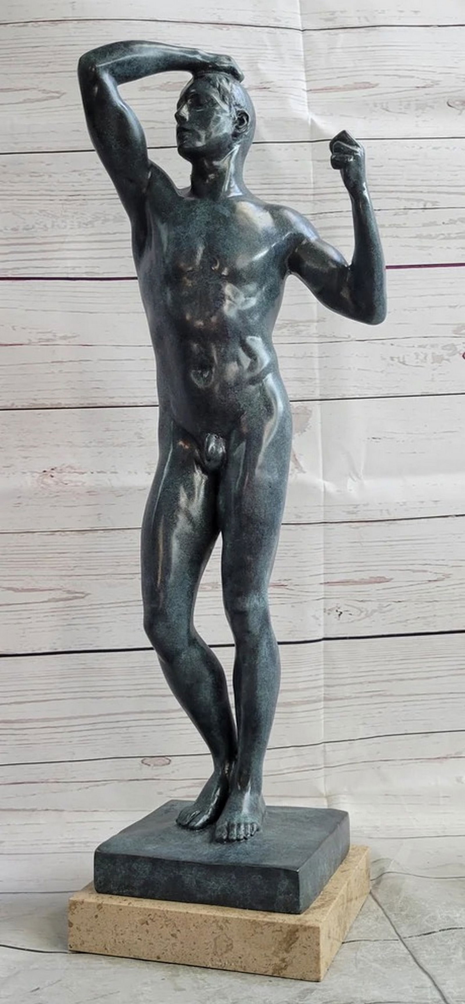 The Age of Bronze (1875) by Auguste Rodin Nude Male Figure Sculpture Statue Art on Marble Base: Total Dimensions: Height 22'' x Width 9''Approximate Weight: 15 LBSOriginal Reproduction: Reproduction