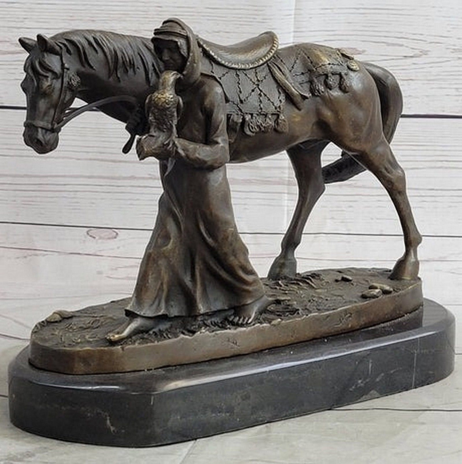 Original Aldo Vitaleh Arab Man Holding Falcon Walking His Horse Bronze Sculpture (1 of 4)