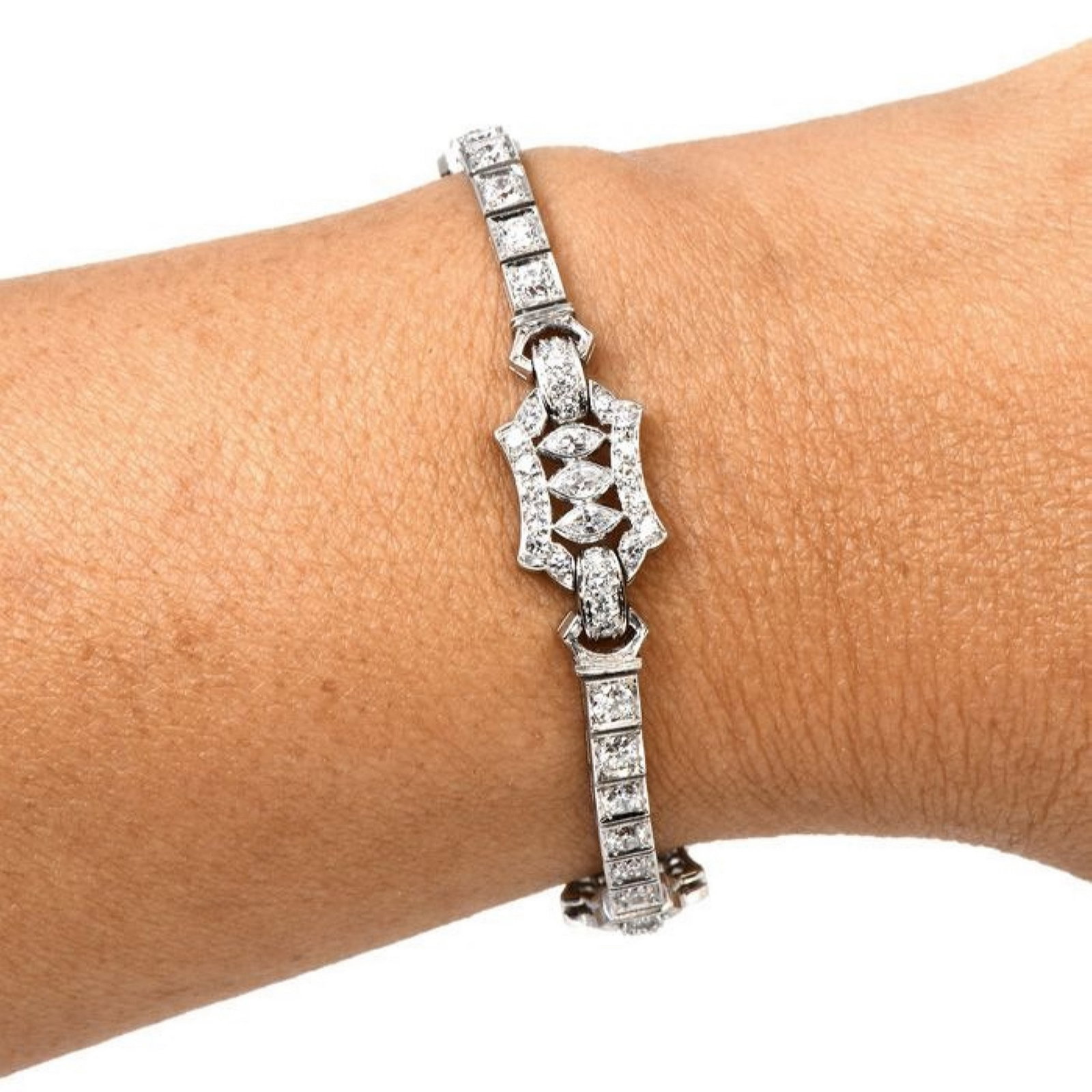 Vintage Art Deco Diamond Platinum Square Link Bracelet: (9) Genuine Diamonds Marquise cut, bezel-set, (20) Genuine Medium Diamonds round-cut & (66) Genuine Small Diamonds weighing approx. 3.50 carats in total (G-H & VS Clarity).The Diamonds radiate brillia