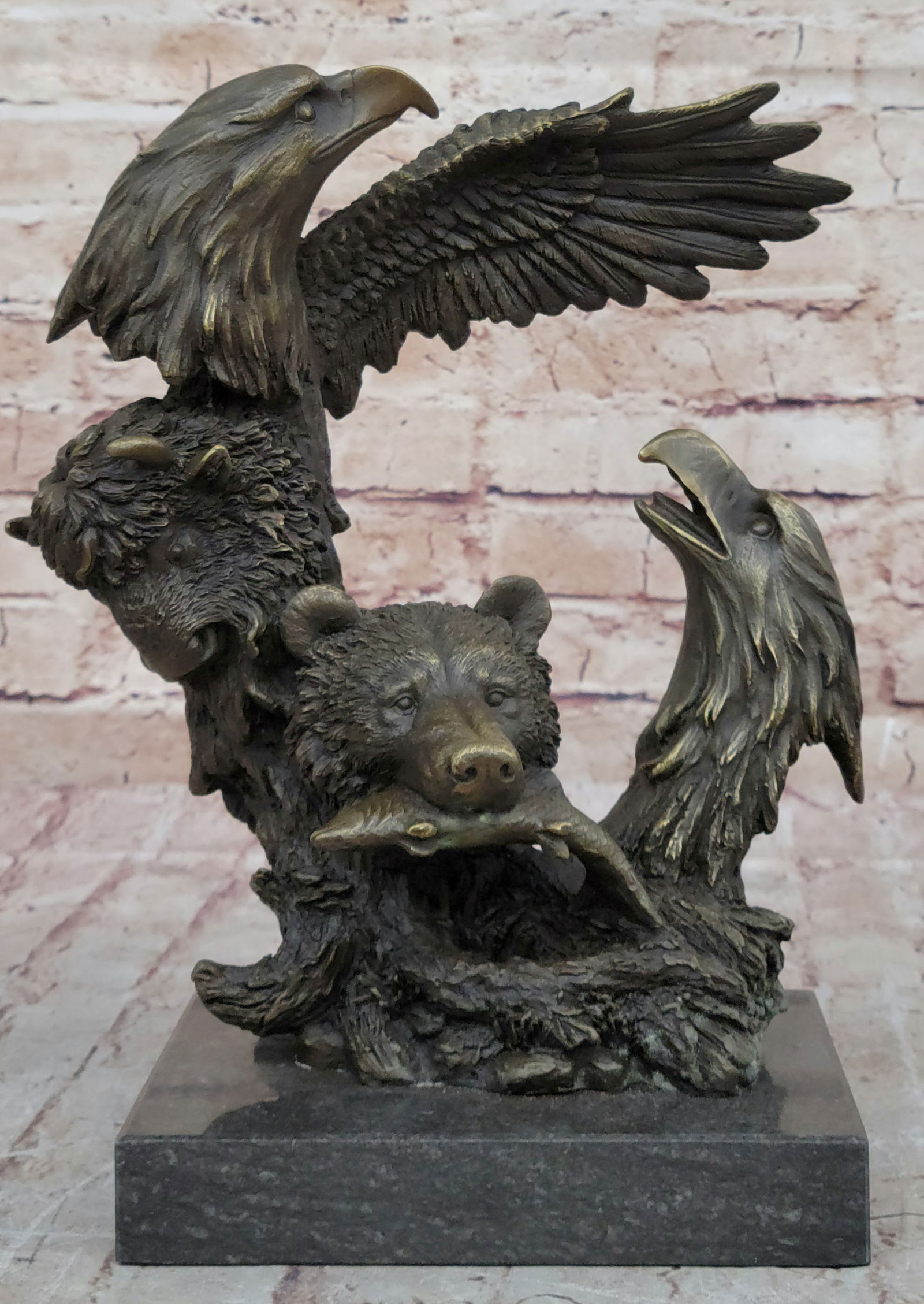 Eagles & Bear Hunting Fish Original Bronze Sculpture Statue Art by Milo on Marble Base (1 of 4)