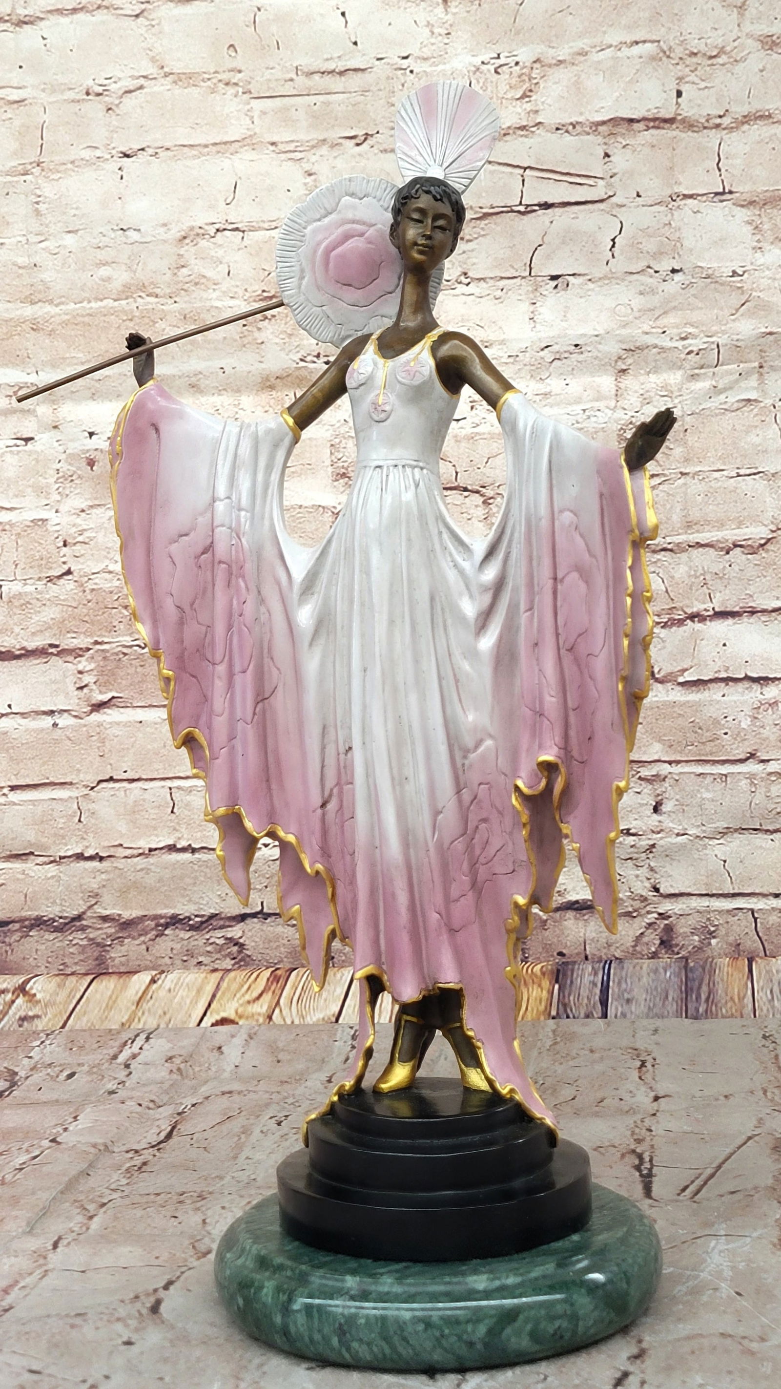 Fan Lady by J. Erte Bronze Sculpture Green Marble Base Figurine Statue Art (1 of 5)