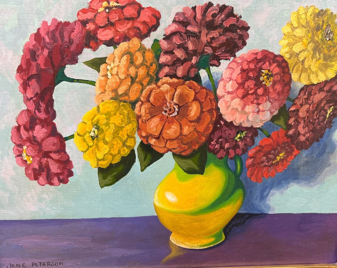 JANE PETERSON 1876-1965 FLOWERS OIL ON ARTIST BOARD: 16" X 20" EXCELLENT CONDITION
