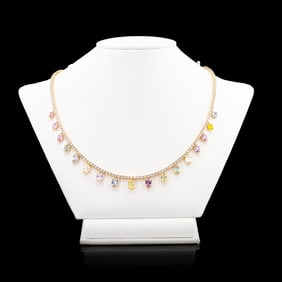 11.05ctw UNHEATED MultiColor Sapphire and 4.52ctw Diamond 18K Yellow Gold Necklace (GIA CERTIFIED)