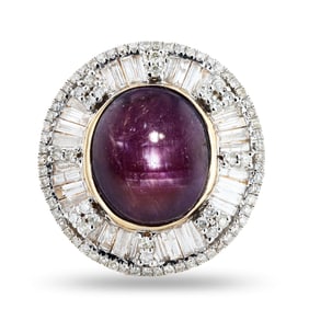 13.72ct UNHEATED Star Ruby and 1.55ctw Diamond 14K Yellow Gold Ring