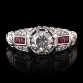0.81ct VS2 CLARITY CENTER Diamond and 0.26ct Ruby 18K White Gold Ring