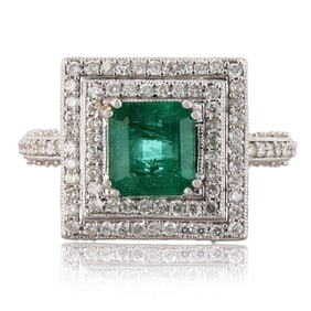 1.49ct Emerald and 1.28ctw Diamond 14K White Gold Ring