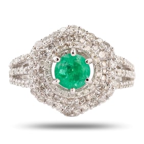 0.91ct Emerald and 1.09ctw Diamond 14K White Gold Ring