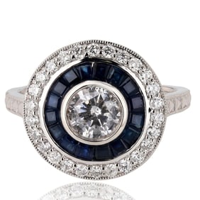 0.65ct Diamond and 1.11ctw Blue Sapphire Platinum Ring (0.99ctw Diamonds)