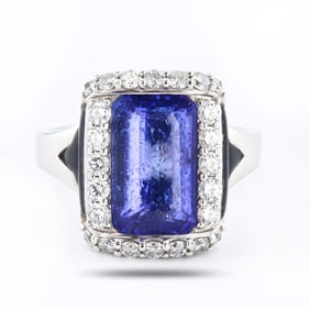4.57ct Tanzanite and 0.77ctw Diamond 18K White Gold Ring