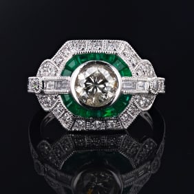 1.04ct Diamond and 1.26ctw Emerald Platinum Ring (1.62ctw Diamonds)