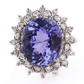 12.47ct Tanzanite and 0.59ctw Diamond 14K White Gold Ring