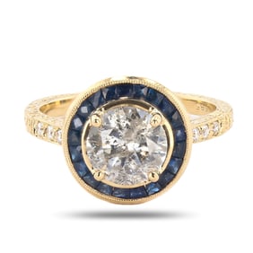 1.78ct K COLOR I1 CLARITY Diamond and 0.92ctw Blue Sapphire 14K Yellow Gold Ring (1.89ctw Diamonds)