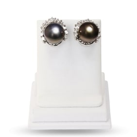 13.0mm Black Tahitian Cultured Pearl and 1.68ctw Diamond 14K White Gold Earrings