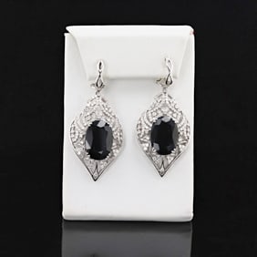 32.55ctw Blue Sapphire and 2.90ctw Diamond 14K White Gold Earrings