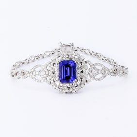 8.91ct Tanzanite and 3.46ctw Diamond 14K White Gold Bracelet (GIA CERTIFIED)