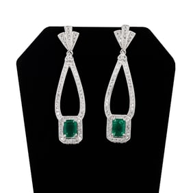 2.23ctw Emerald and 1.45ctw Diamond Platinum Dangle Earrings