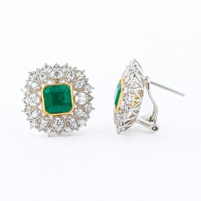 3.97ctw Emerald and 1.17ctw Diamond Platinum and 18K Yellow Gold Earrings