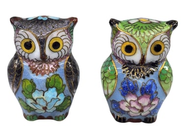 Antique Cloisonne enamel owl figurines