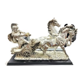 Vintage Arg. 925 Silvered Composition Sculpture "Chariot Rider and Horses". Made in Italy and Arg.