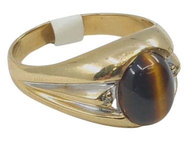 14k yellow gold tiger eye diamond ring