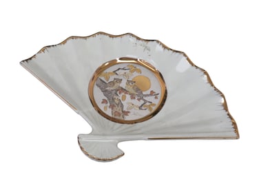 Chokin Art 24k Gold Edged Fan Shaped Decorative Limited Edition 9500 Owl Japan