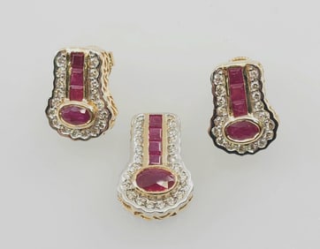 Vintage 14k yellow gold Ruby diamond earrings and charm pendant