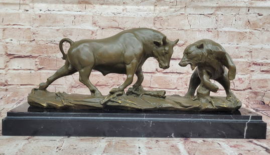 Bull and Bear Bronze Sculpture ? Wall Street Market Duel Statue: Bronze Dimensions with Marble Base: Height 8" X Width 16.5"Marble Dimensions:16.5" X 5.5"Height without base:7"Weight:19LBSOriginal or Reproduction: Original