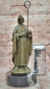 Saint Jude Sculpture Holding Staff ? Religious Art on Marble Base: Bronze Dimensions with Marble Base: Height 9.5" X Width 4"Marble Dimensions:Diameter4"Height without base:8"Weight:4 LBSOriginal or Reproduction: Original