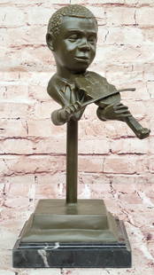 Bronze Boy Playing Violin Sculpture ? Musical Bust on Marble Base: Bronze Dimensions with Marble Base: Height 13" x Width 8"Marble Dimensions:6" X 6"Height without base:12"Weight:7 LBSOriginal or Reproduction: Original