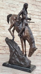 Mountain Man Frederic Remington Native American Indian Bronze Statue Sculpture 21" x 17": Bronze Dimensions with Marble Base: Height 21" X Width 17"Marble Dimensions:9 1/2" X 6"Height without base:20"Weight:20 LBSOriginal or Reproduction: Reproduction