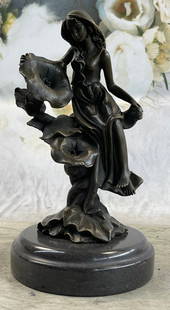 Girl Resting on Flower Bronze Sculpture Statue Figure Fantasy Decor 9" x 5": Bronze Dimensions with Marble Base: Height 9" X Width 5"Marble Dimensions: Diameter 4.5"Height without base:8"Weight:6 LBSOriginal or Reproduction: Original