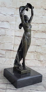 SEMI NUDE DANCER BRONZE SCULPTURE STATUE ART DECO NOUVEAU MARBLE SCULPTURE D?COR: Bronze Dimensions with Marble Base: Height 12" X Width 3.5"Marble Dimensions:3.5" X 3.5"Height without base:11"Weight:5 LBSOriginal or Reproduction: Original